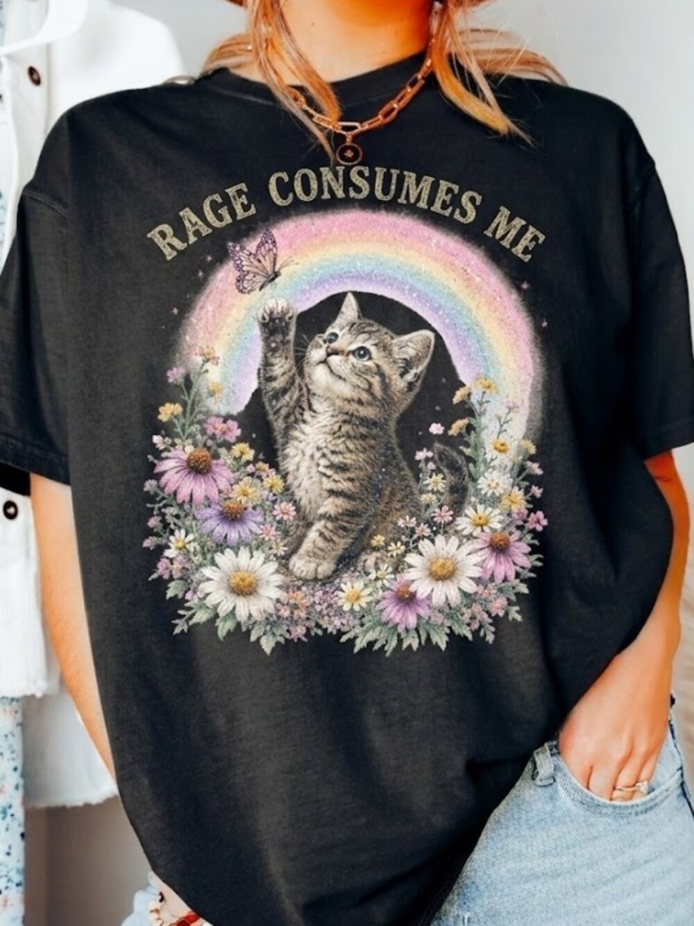 Rage Consumes Me Funny Cat Meme Graphic Tee, Retro Rainbow Shirt